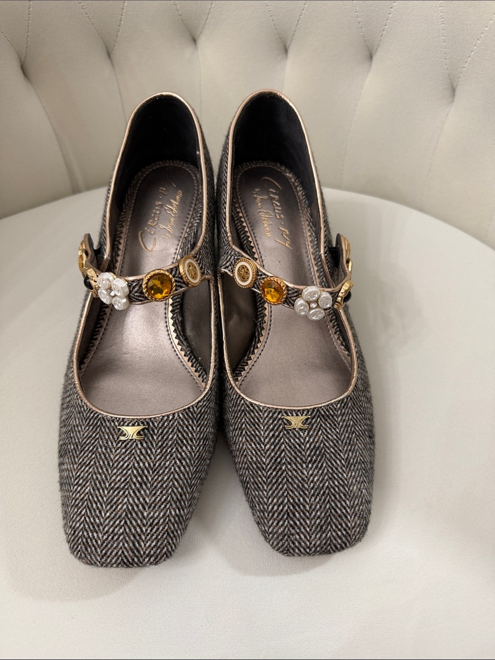 Circus NY Womens Herringbone Mary Jane Flats with Amber and Pearl Accent